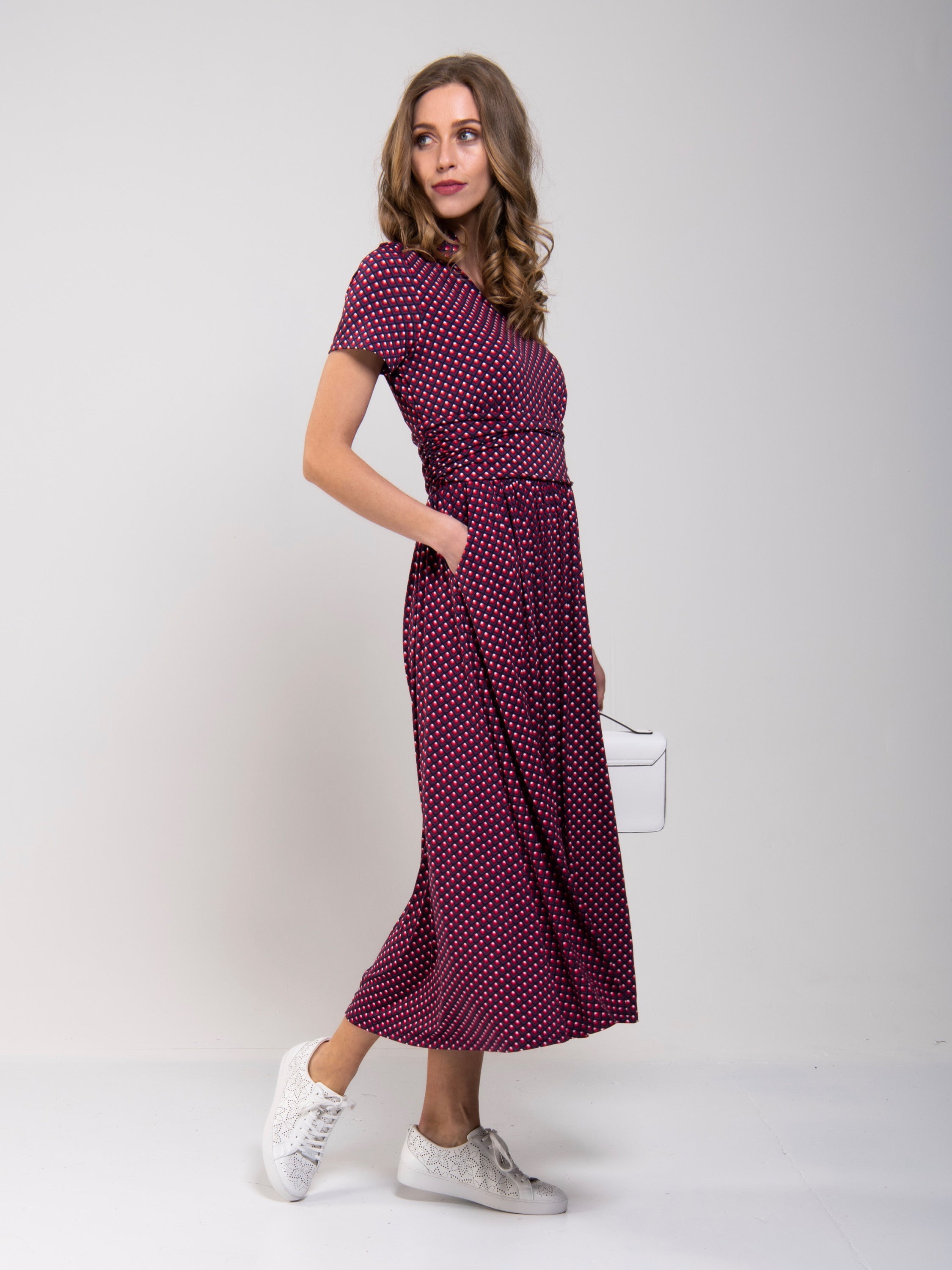 Stand Collar V Neck Print Maxi Dress, Pink Geo