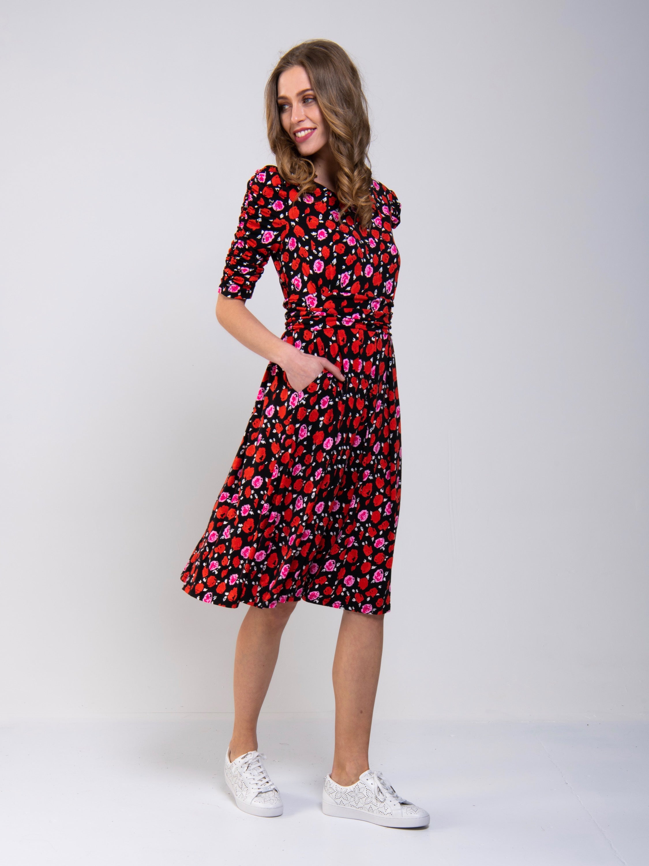 Ruched Sleeve Print Jersey Midi Dress, Red Floral