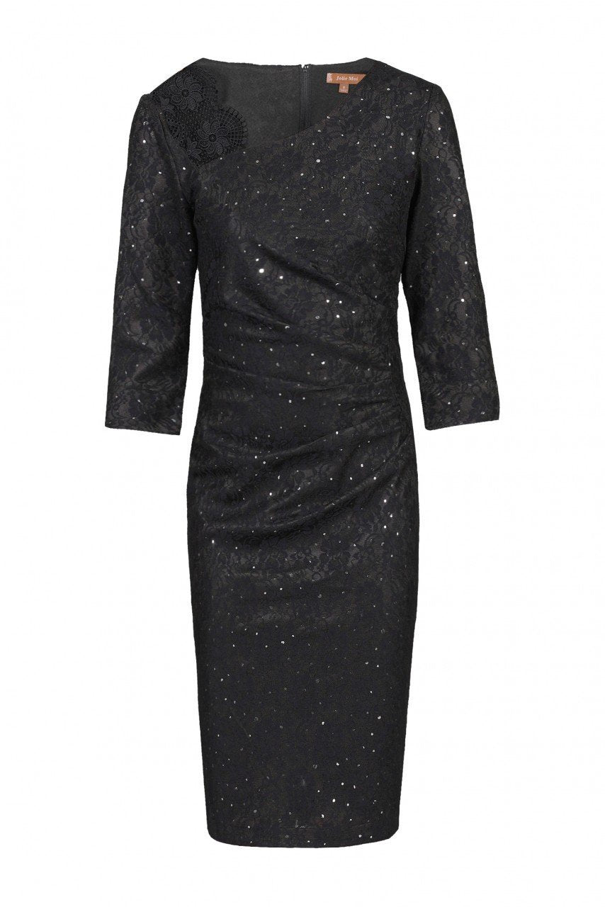 3/4 Sleeve Bonded Lace Dress, Black