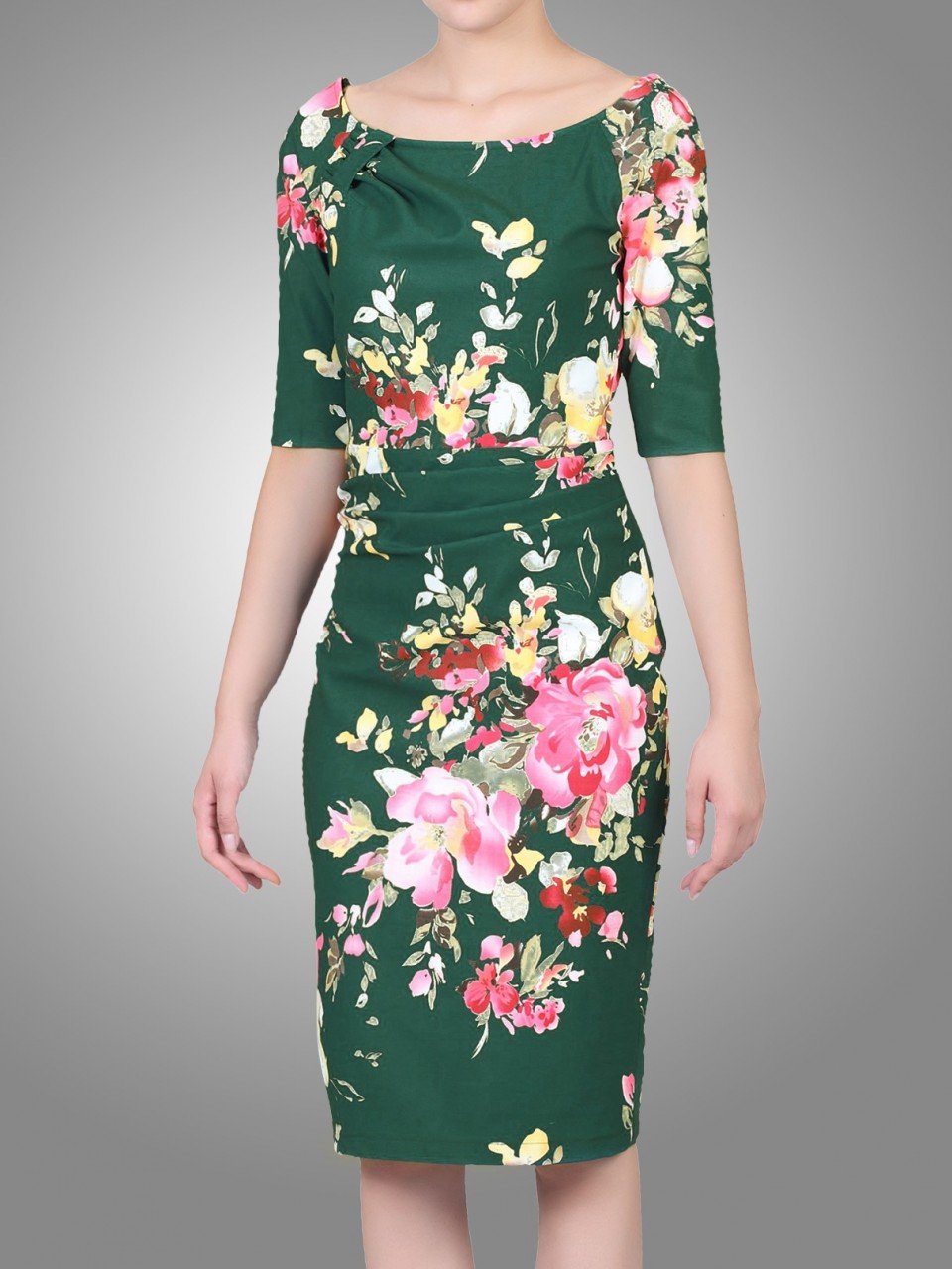 Floral Print Half Sleeve Ruched Dress, Dark Green