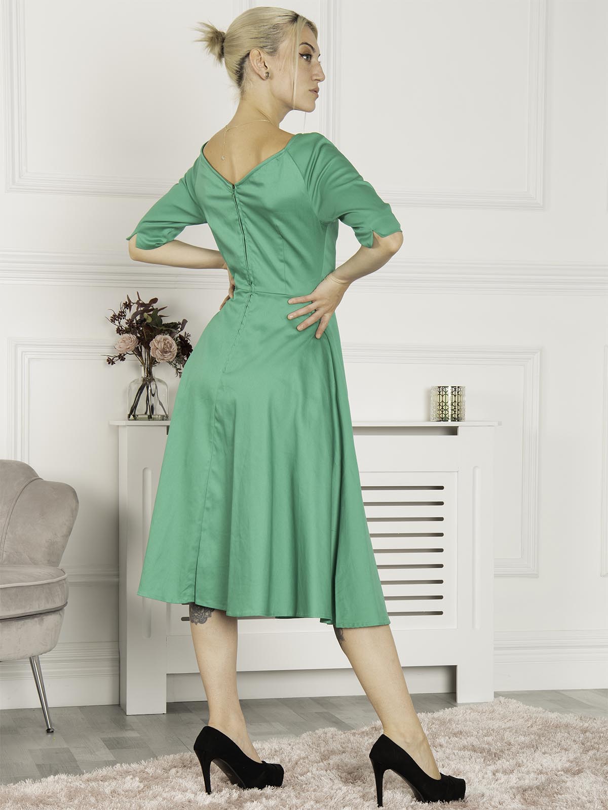 Scoop Neck Swing Cotton Dress, Green