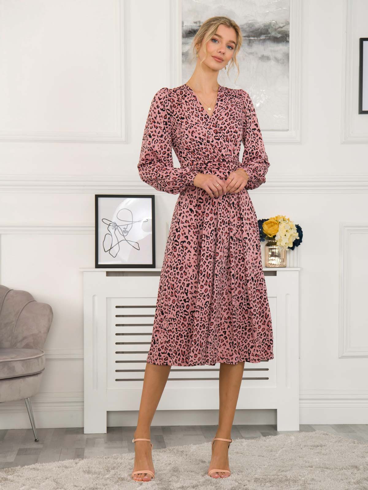 Libby Long Sleeve Midi Dress, Pink Animal