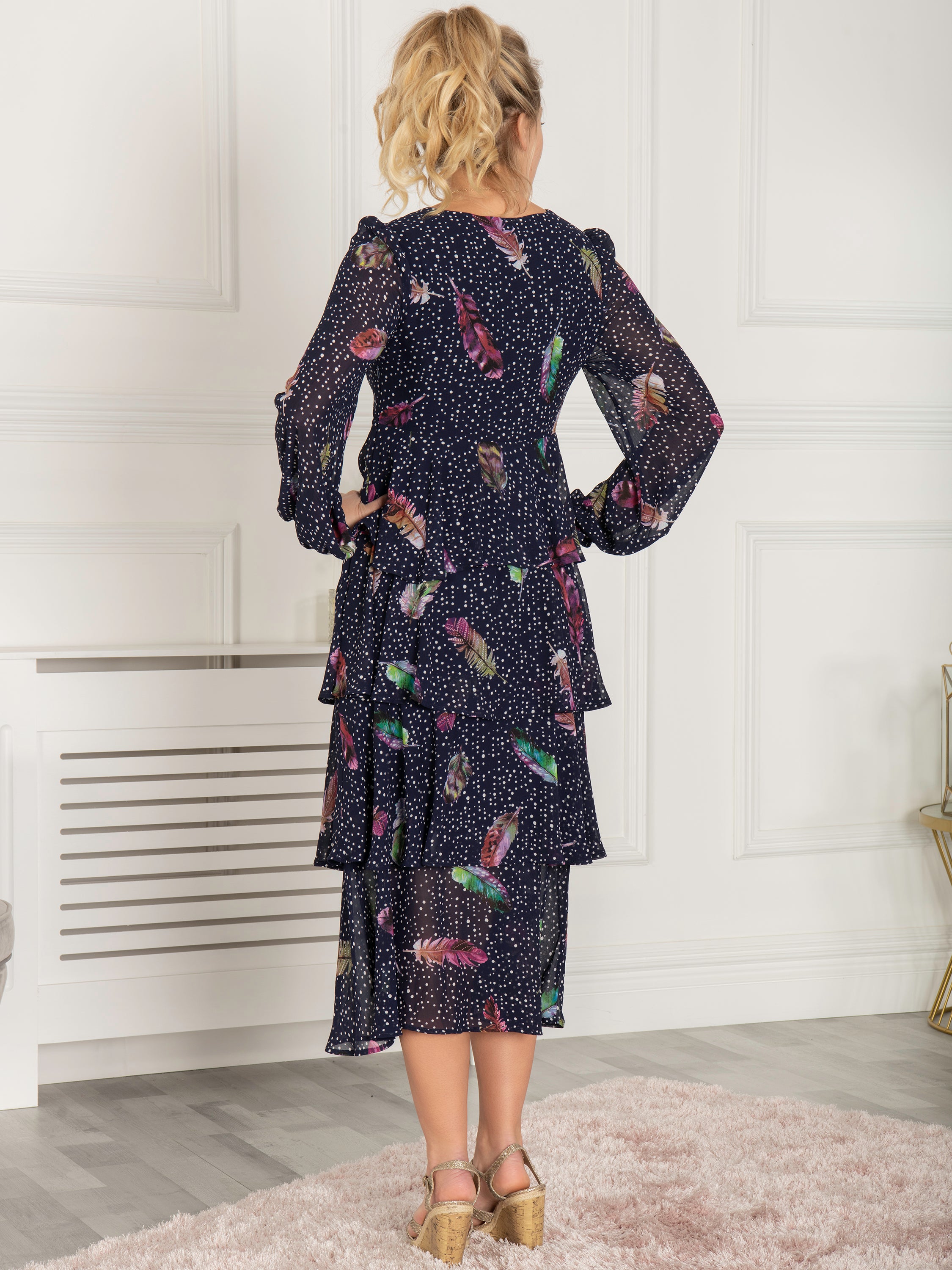 Sample Sale - V Neck Long Sleeve Tiered Dress, Navy Multi