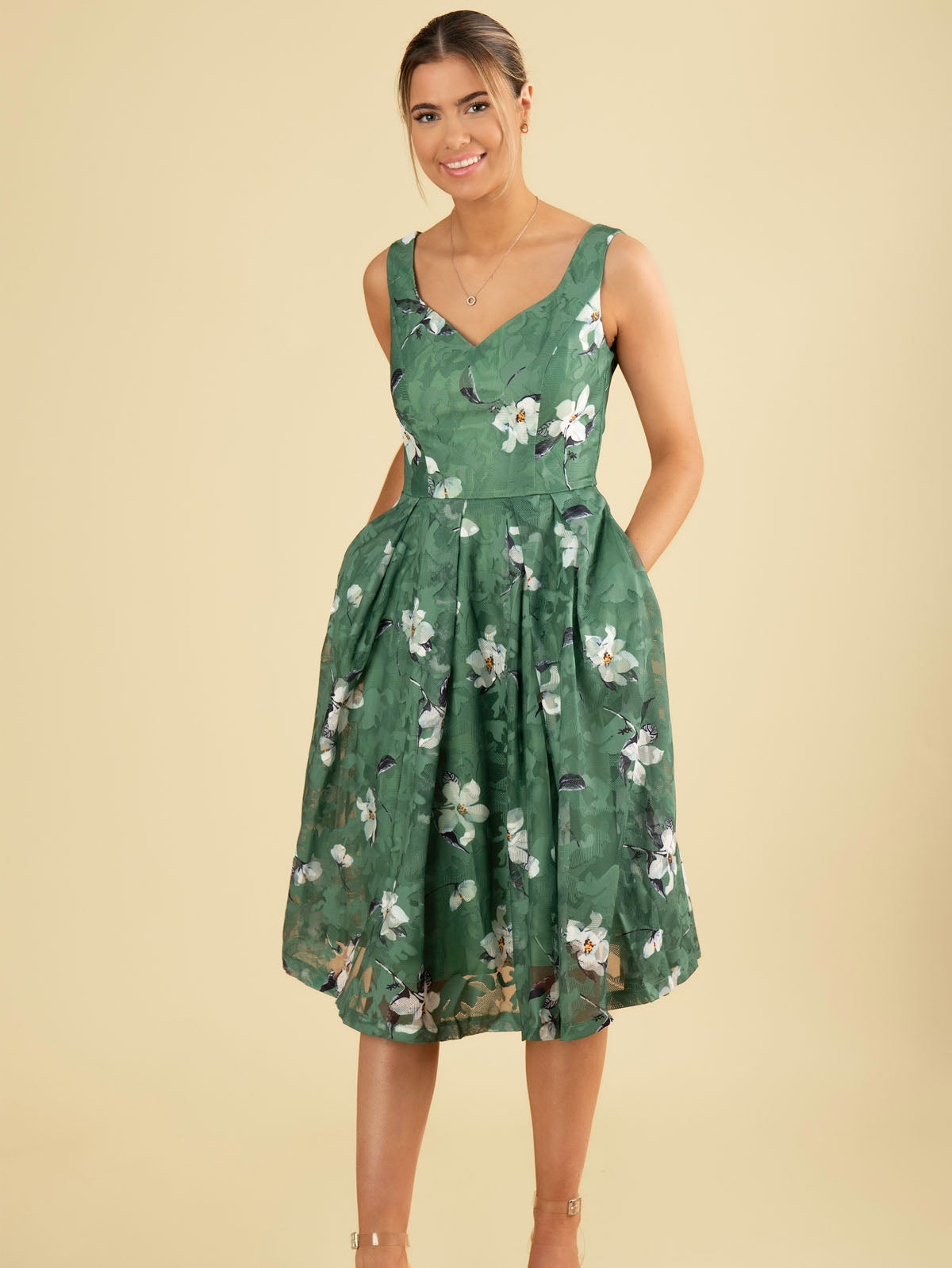 Floral Print Lace Midi Dress, Dark Green