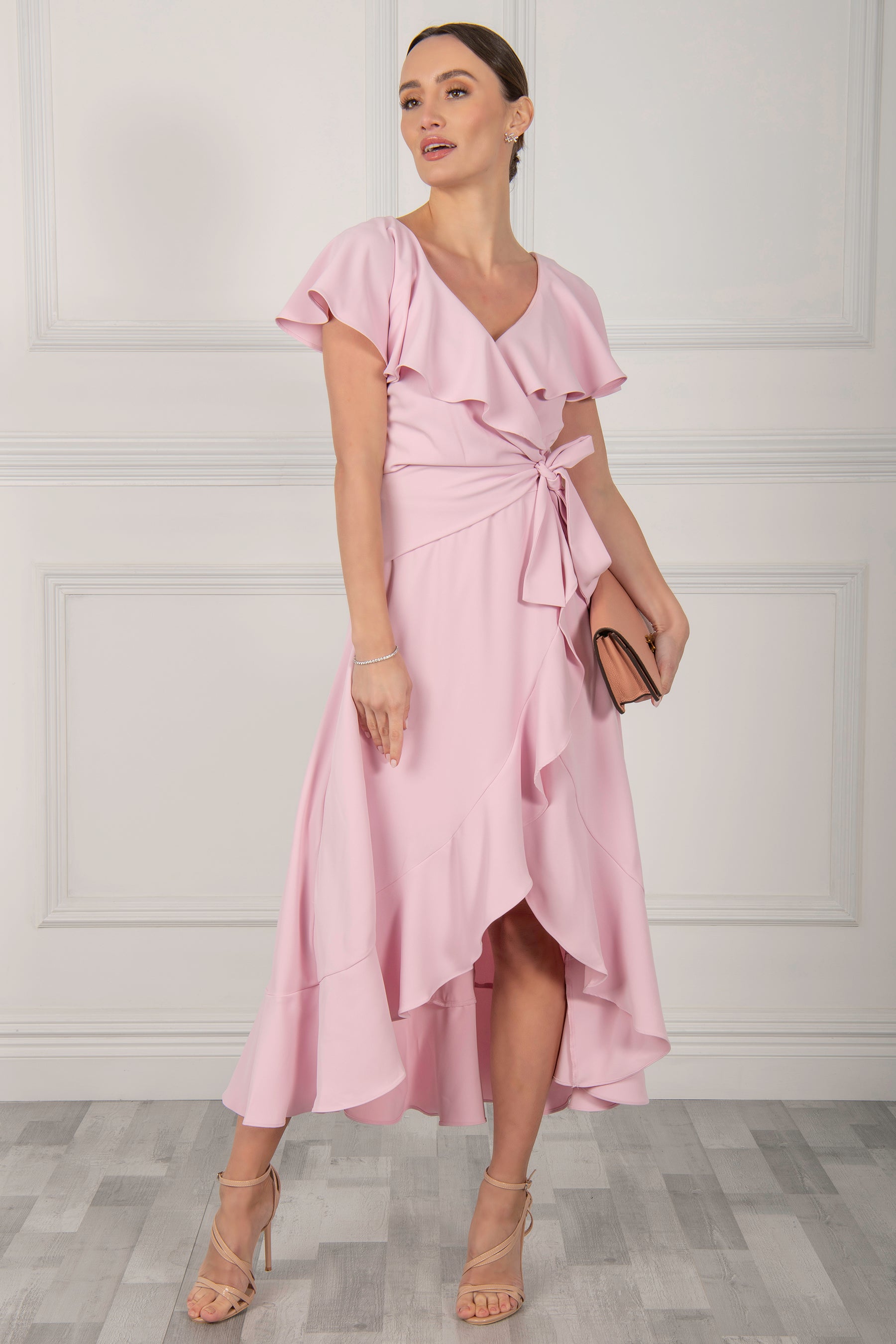 Vella Frill Wrap Maxi Dress, Baby Pink