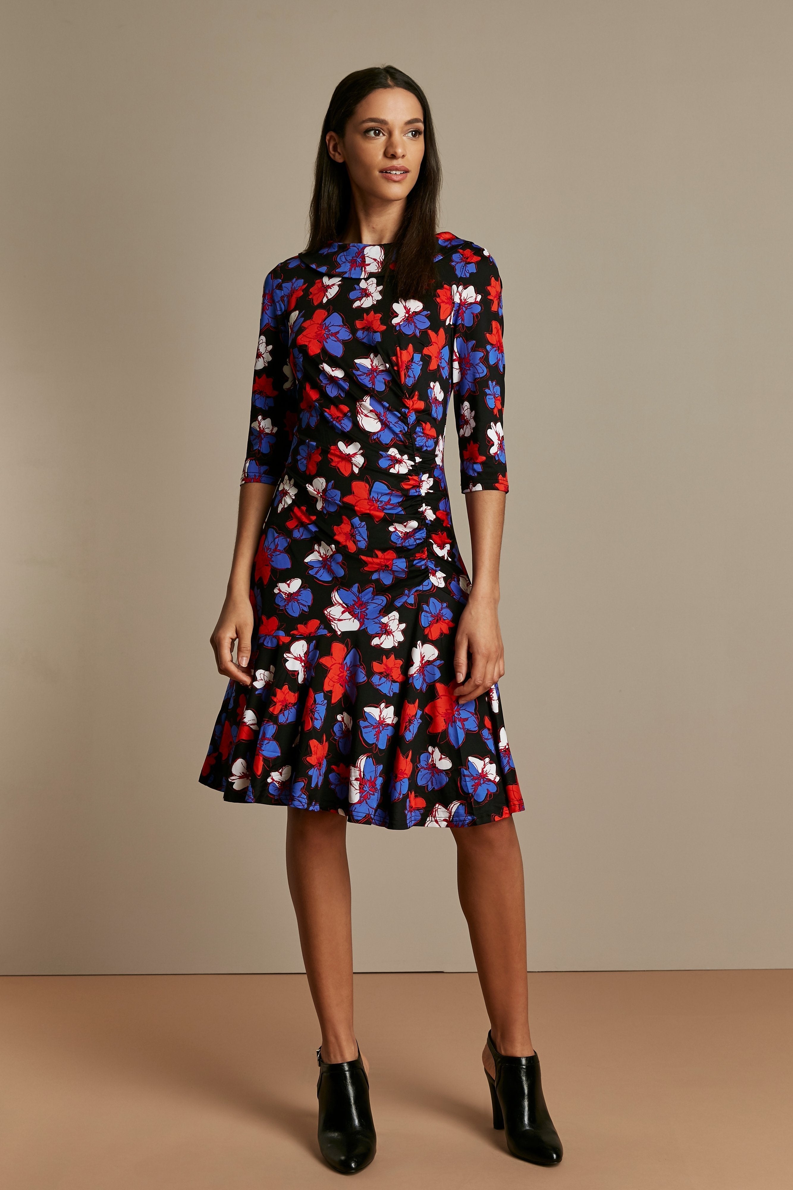 Roll Collar Ruched Jersey Shift Dress, Black Floral