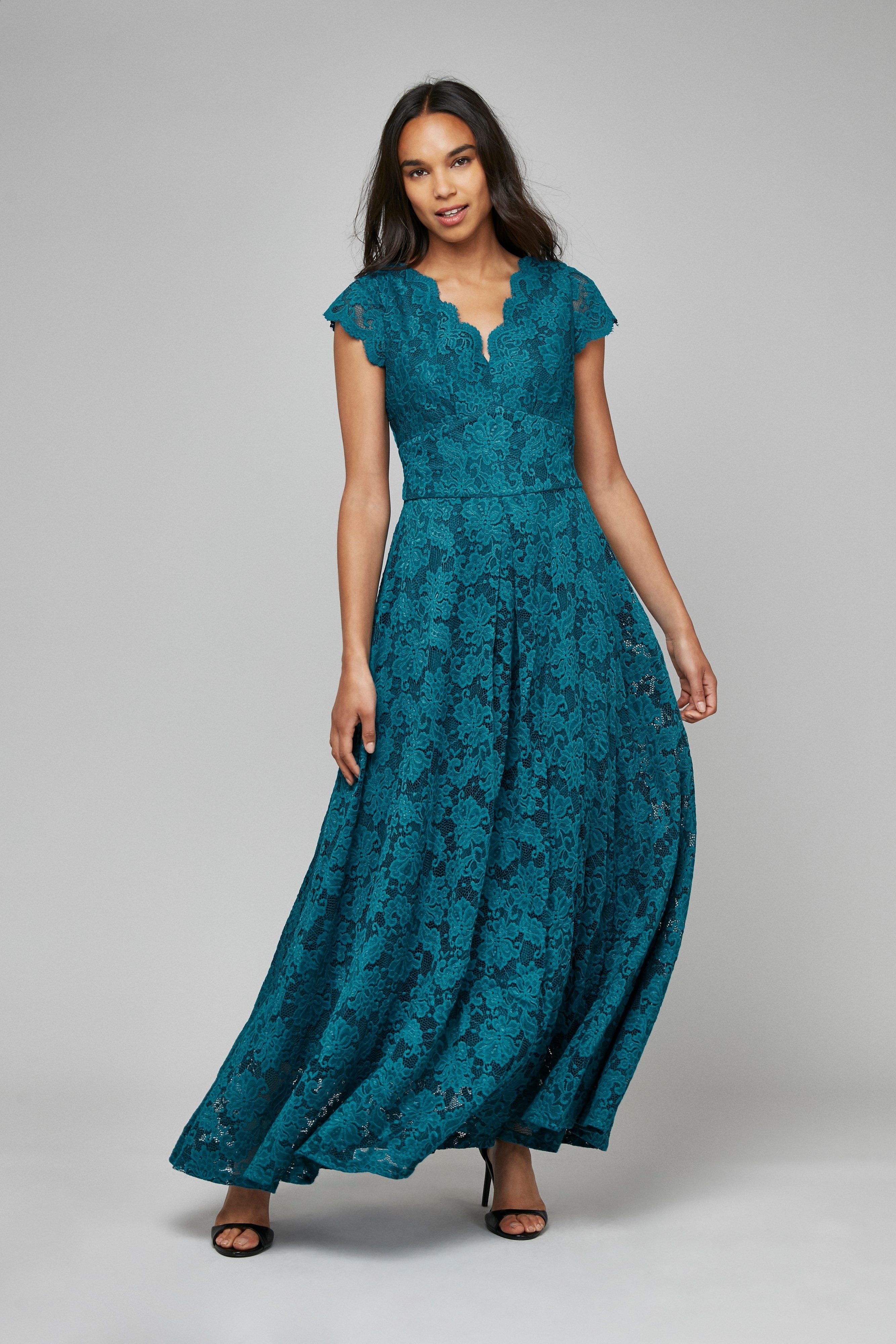 Scallop V-Neck Lace Maxi Dress, Dark Teal