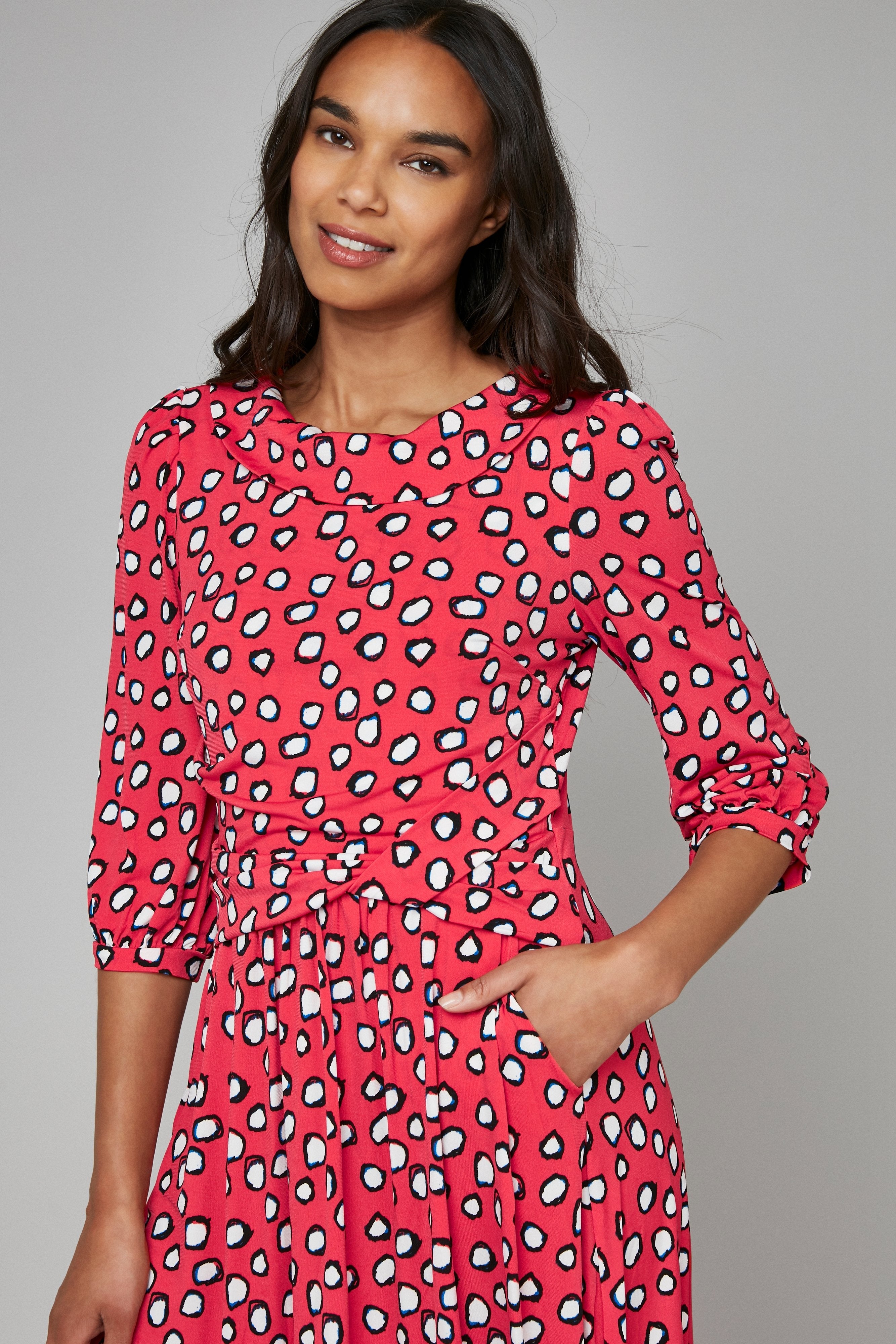 Roll Collar Jersey Tea Dress, Red Polka