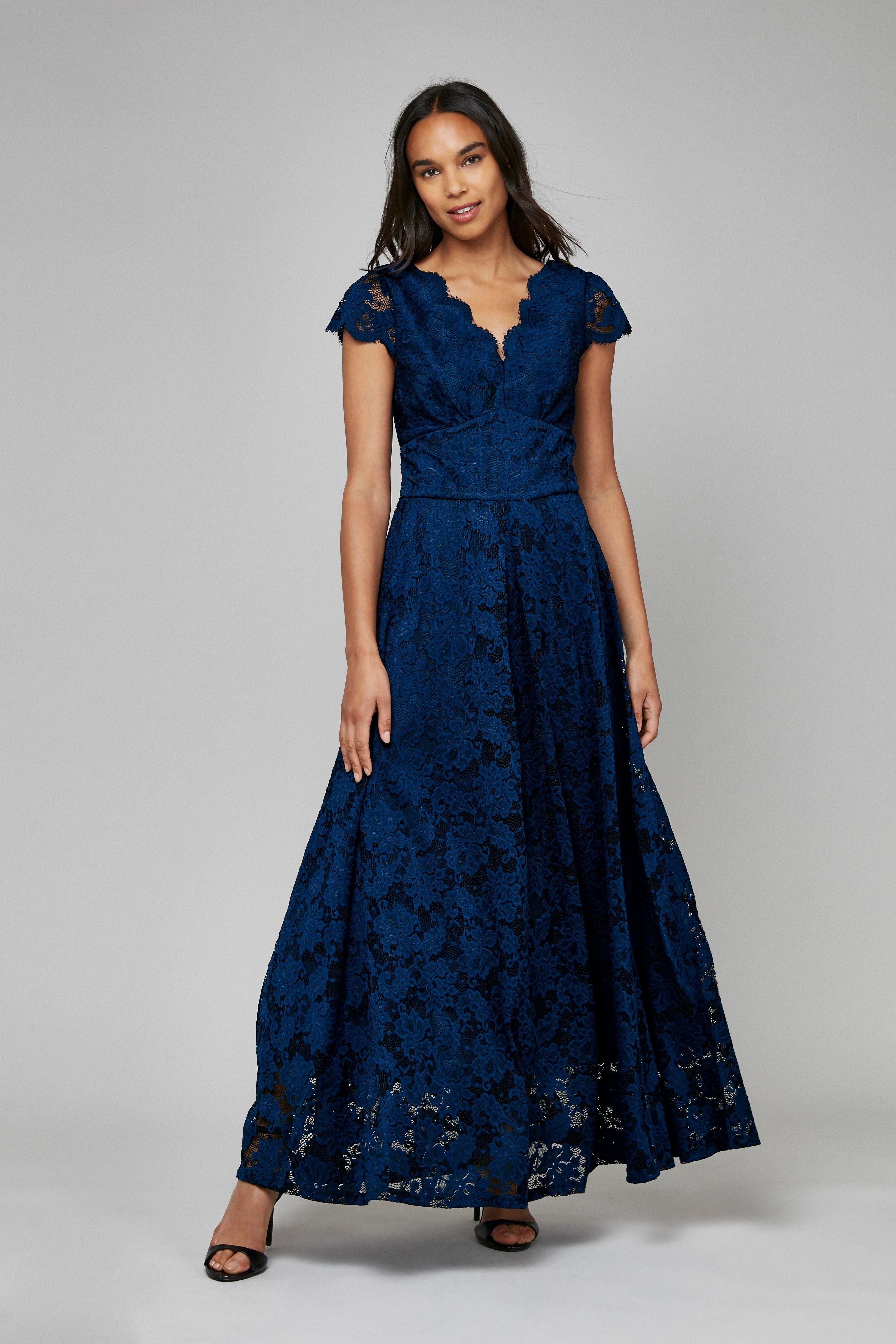 Scallop V-Neck Lace Maxi Dress, Navy