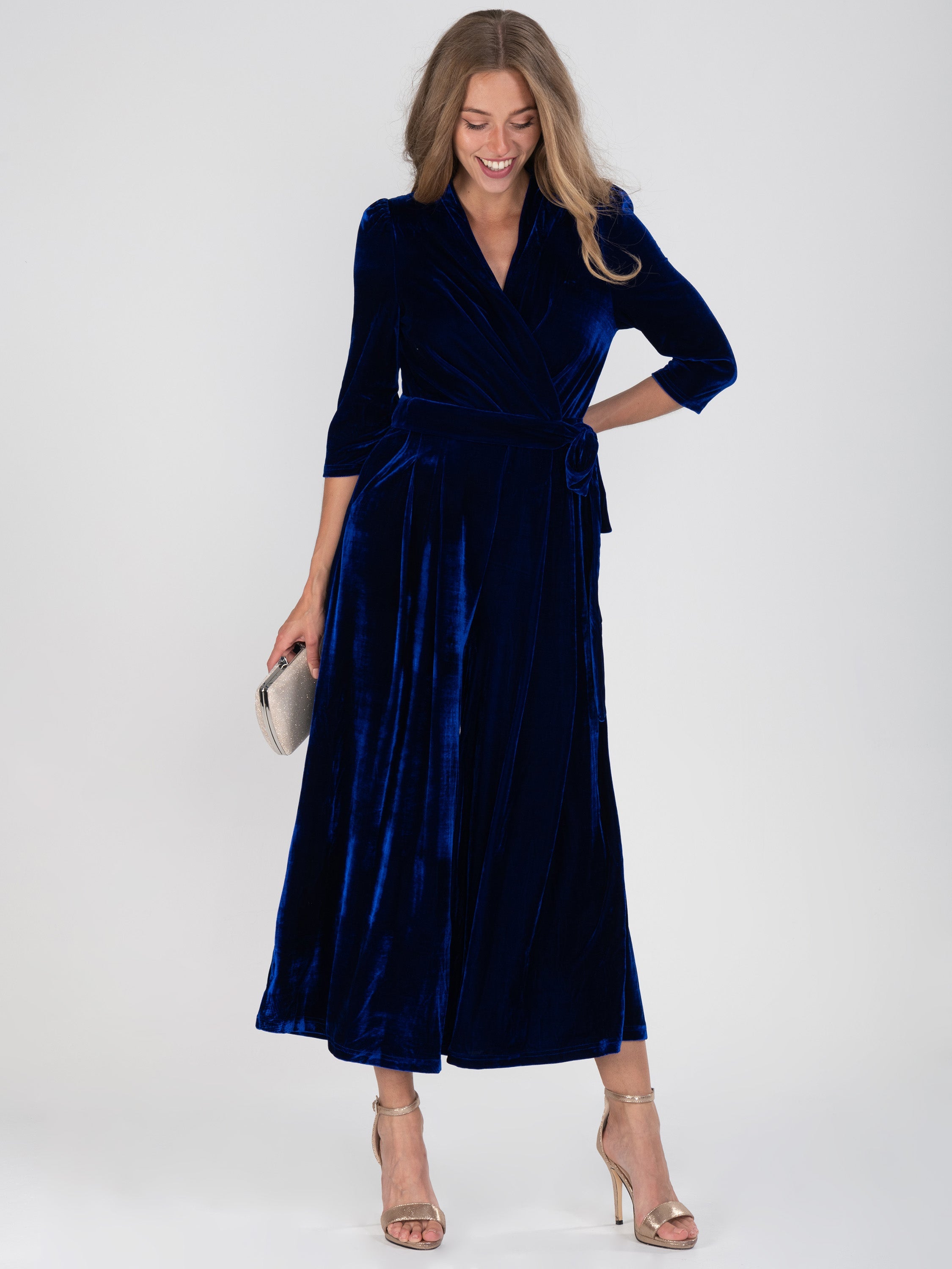 Velvet Wrap Front Jumpsuit, Royal Blue