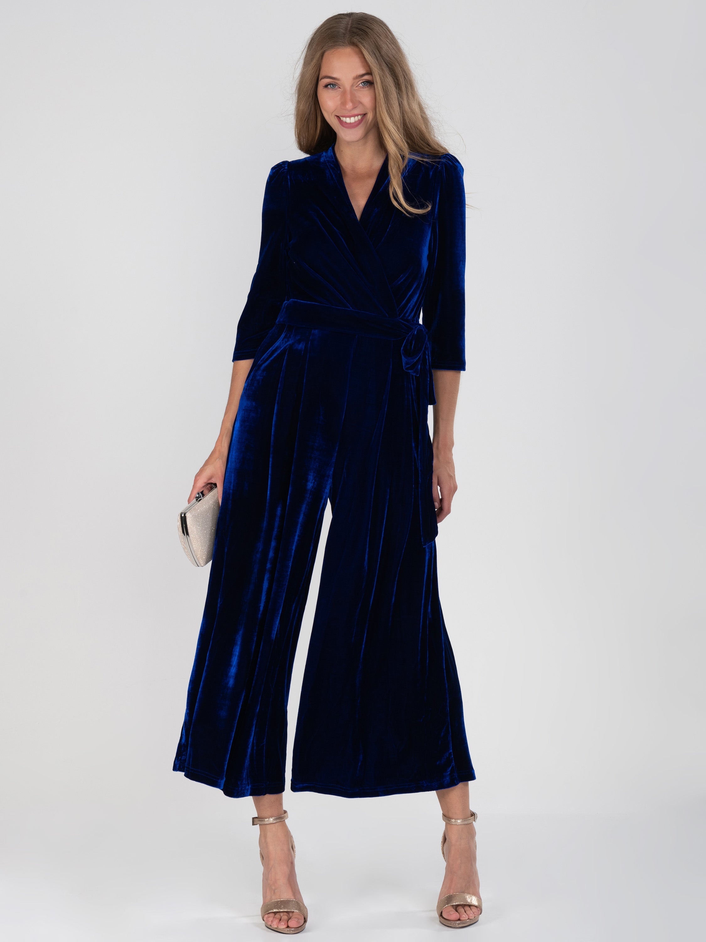 Velvet Wrap Front Jumpsuit, Royal Blue