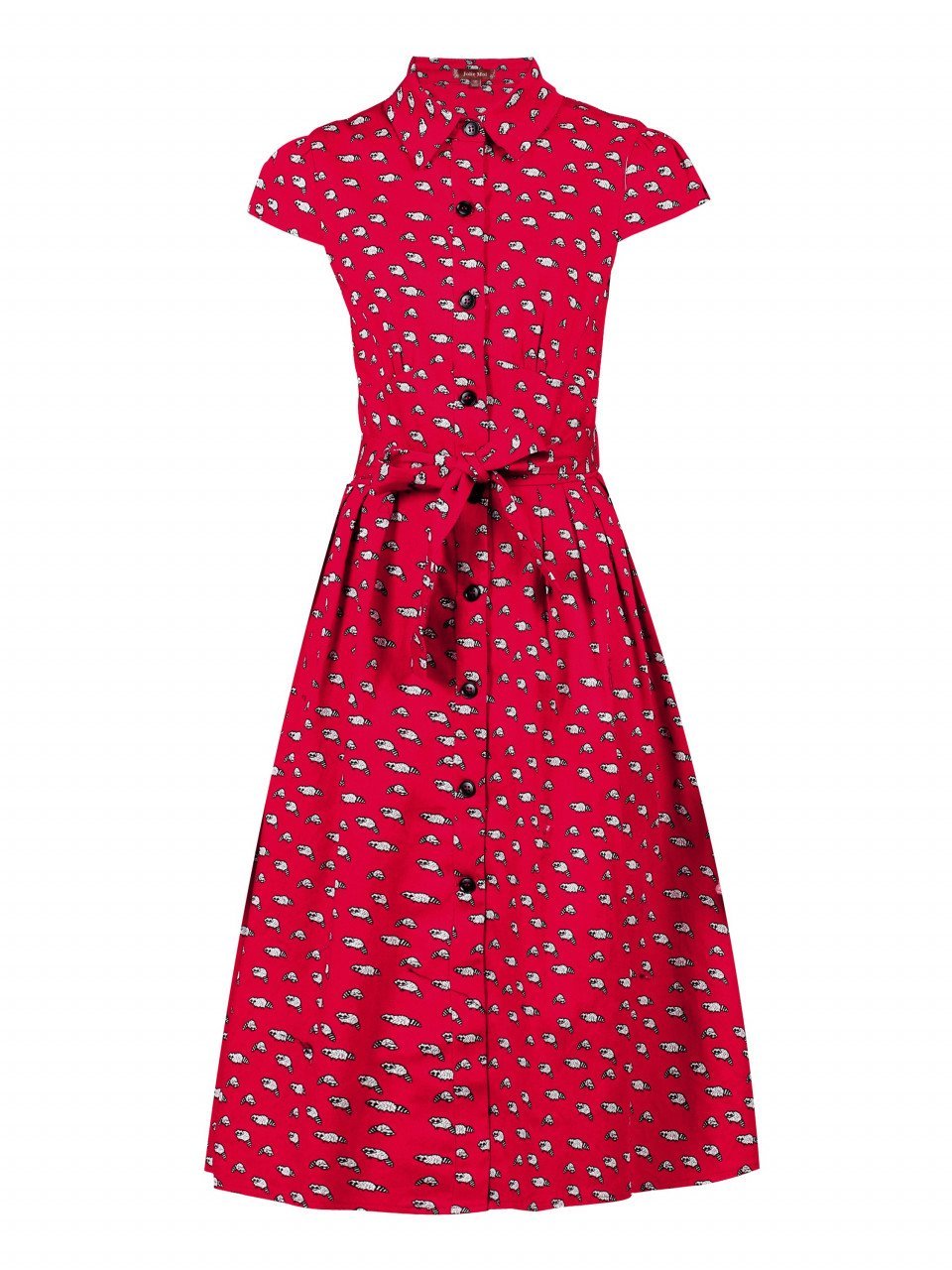 Retro Print Cotton Shirt Dress, Red Pattern