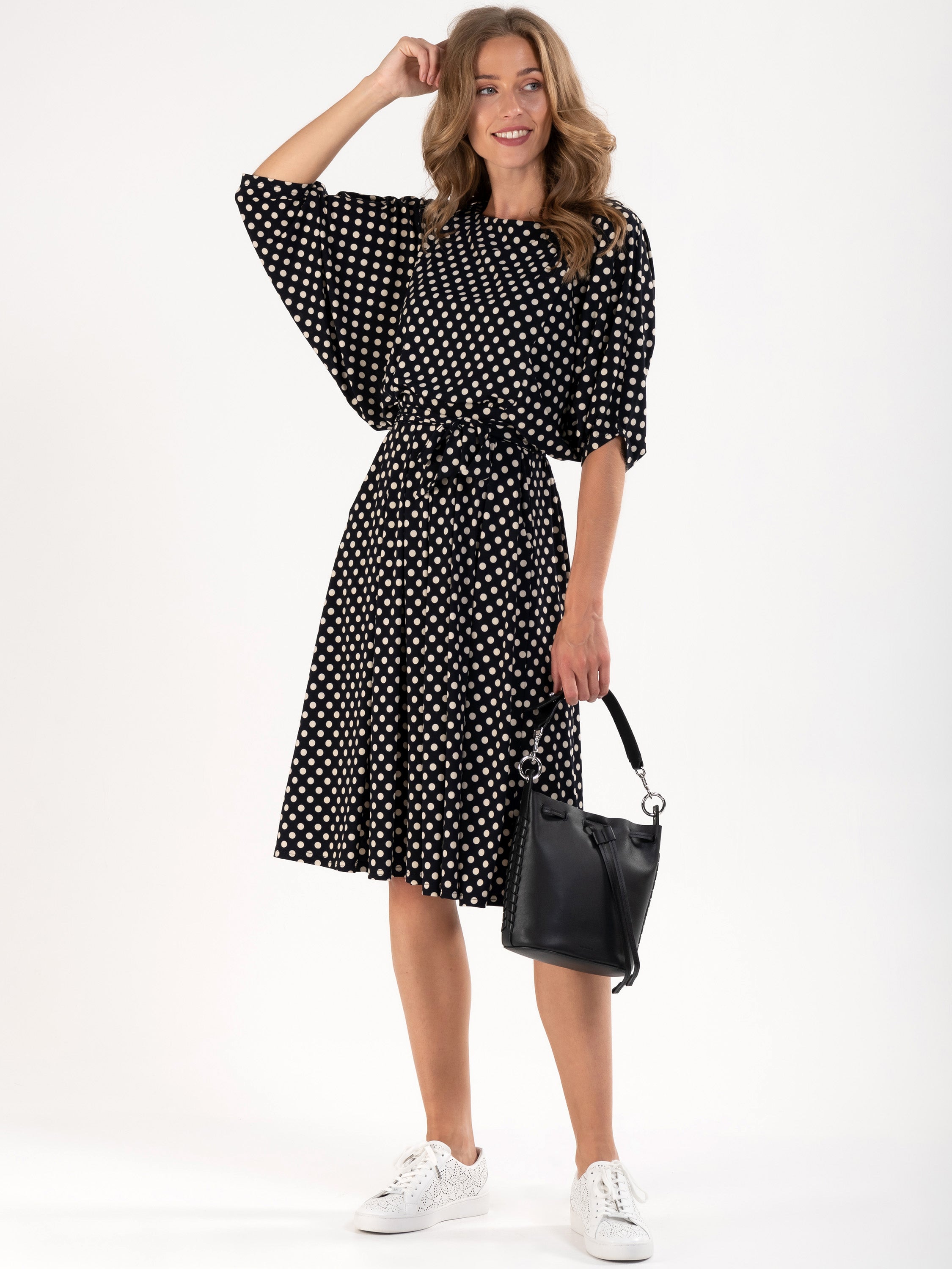 Batwing Spotty Jersey Dress, Navy Polka Dot