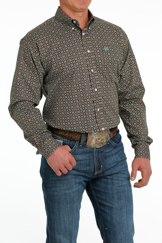 Cinch Men’s Stretch Brown Geometric Print Western Shirt#N#– Cowboy Swagger