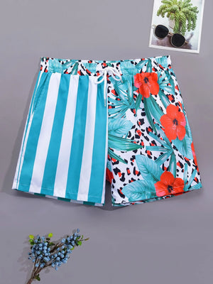 Striped And Tropical Print Swim Shorts - Waves And Trunks