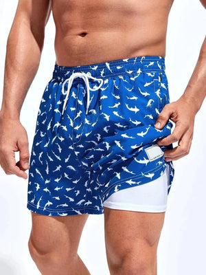 Allover Print Drawstring Waist Slight Stretch Swim Trunks - Waves And Trunks