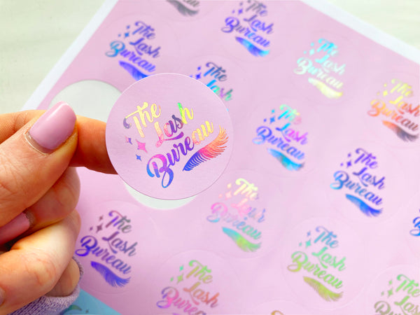 custom logo stickers with holographic foil and coloured pink background. available in a range of foil colours with your personalised business logo.