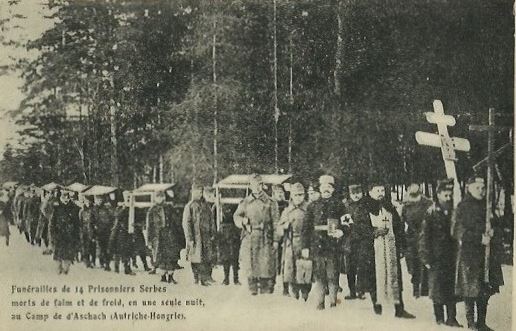A funeral for 14 Serbian prisoners of war who reportedly died of starvation at the Aschach camp