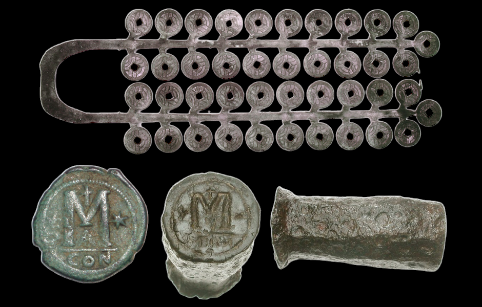 Coin manufacturing methods from ancient times. The upper portion depicts the casting tree method used for Asian coins, while the lower half shows a Byzantine coin die used to strike their coins