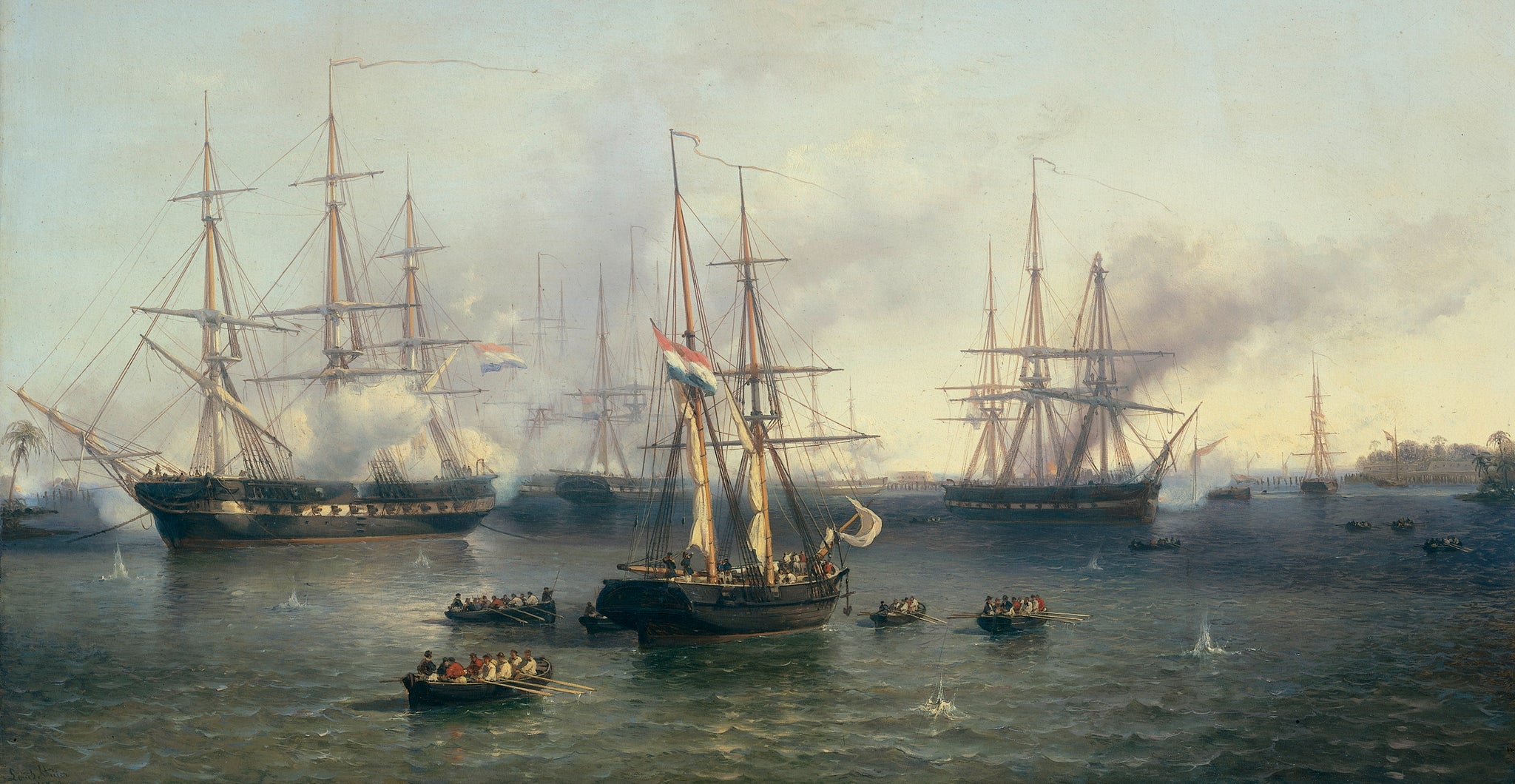 A Dutch painting of the conquest of Palembang, 1857.