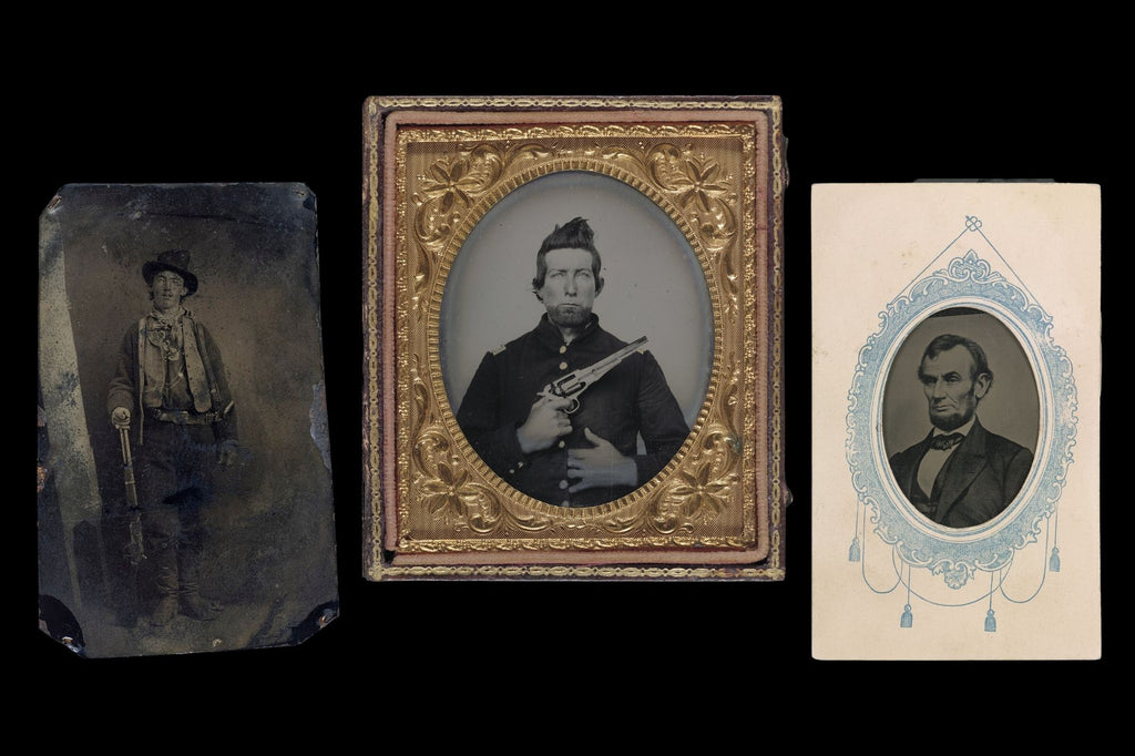 From left to right: tintypes of famed outlaw Billy the Kid, an unidentified Civil War soldier, and Abraham Lincoln