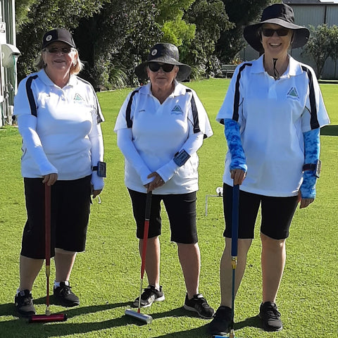 3 Australain Gateball players in Sun Sleeves