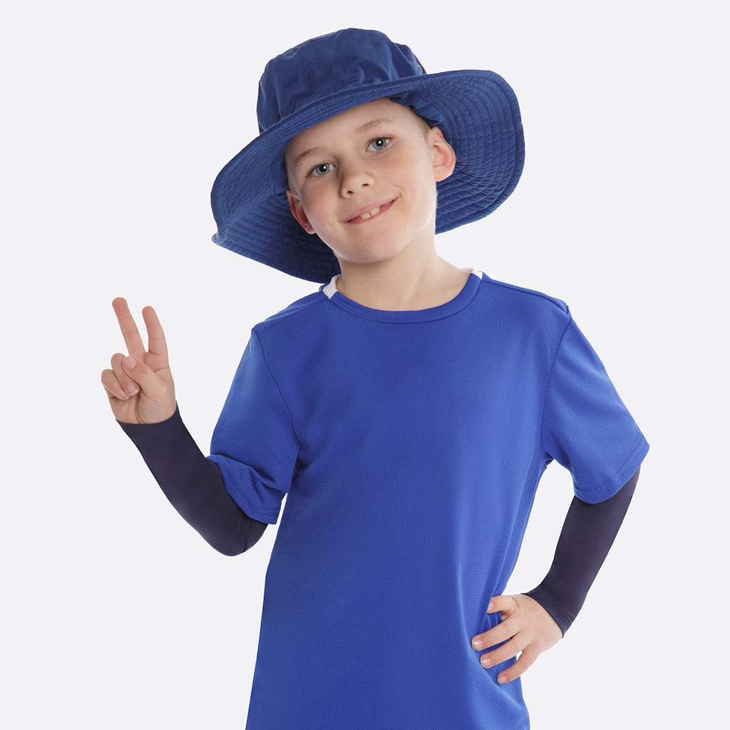 School kid in Sun Protective sleeves - Dark Blue Crazy Arms