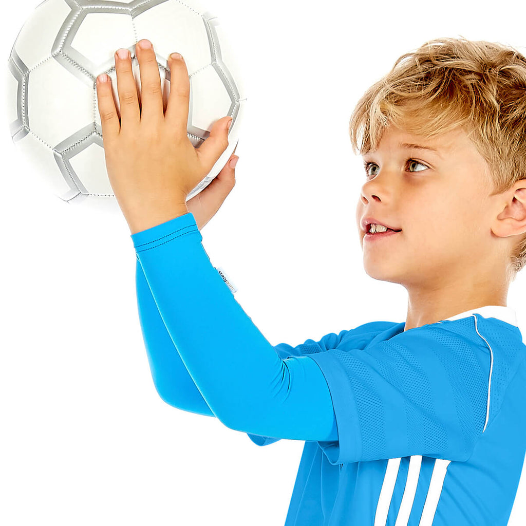 Soccer boy in blue crazy arms sun sleeves