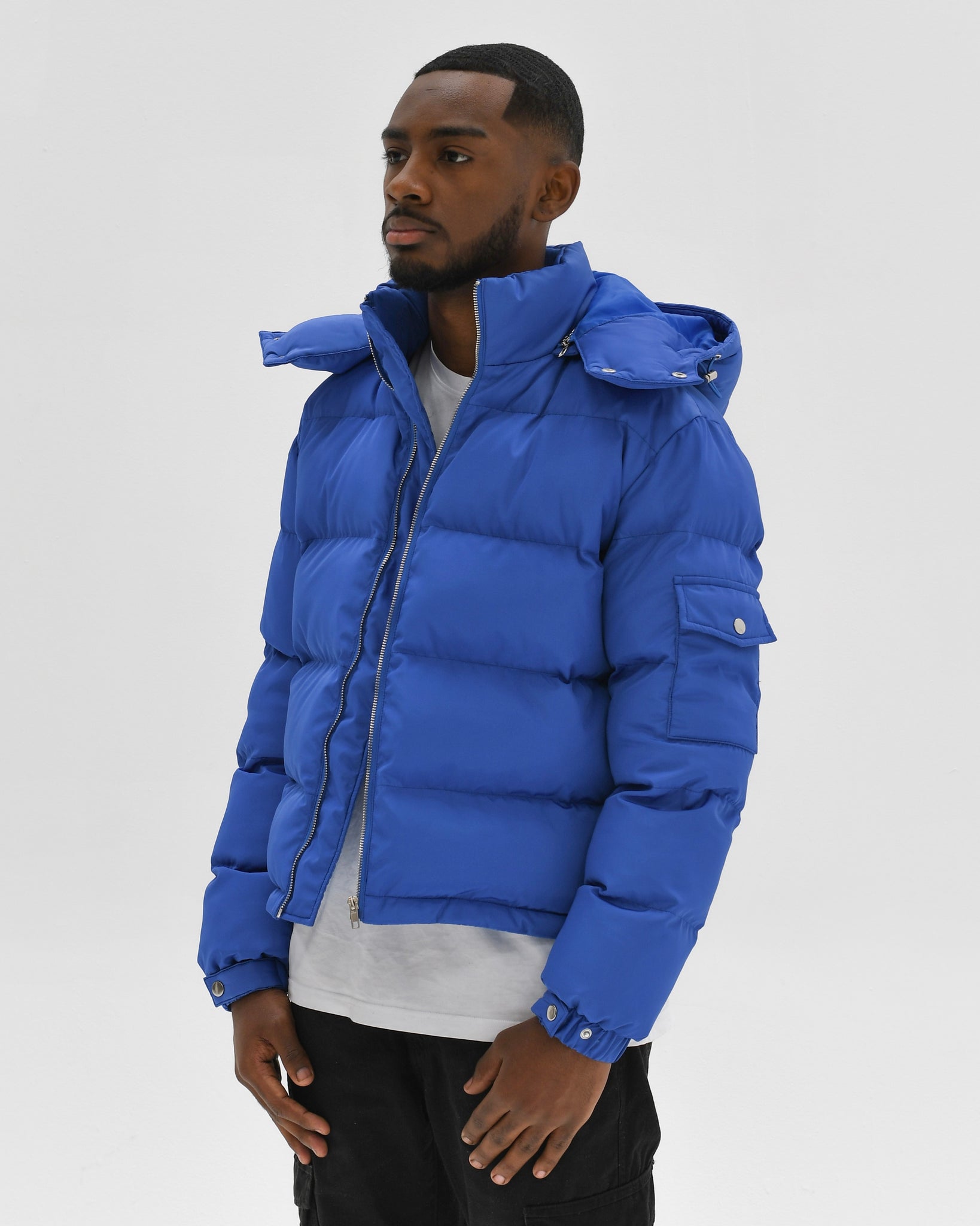 bright blue puffer jacket