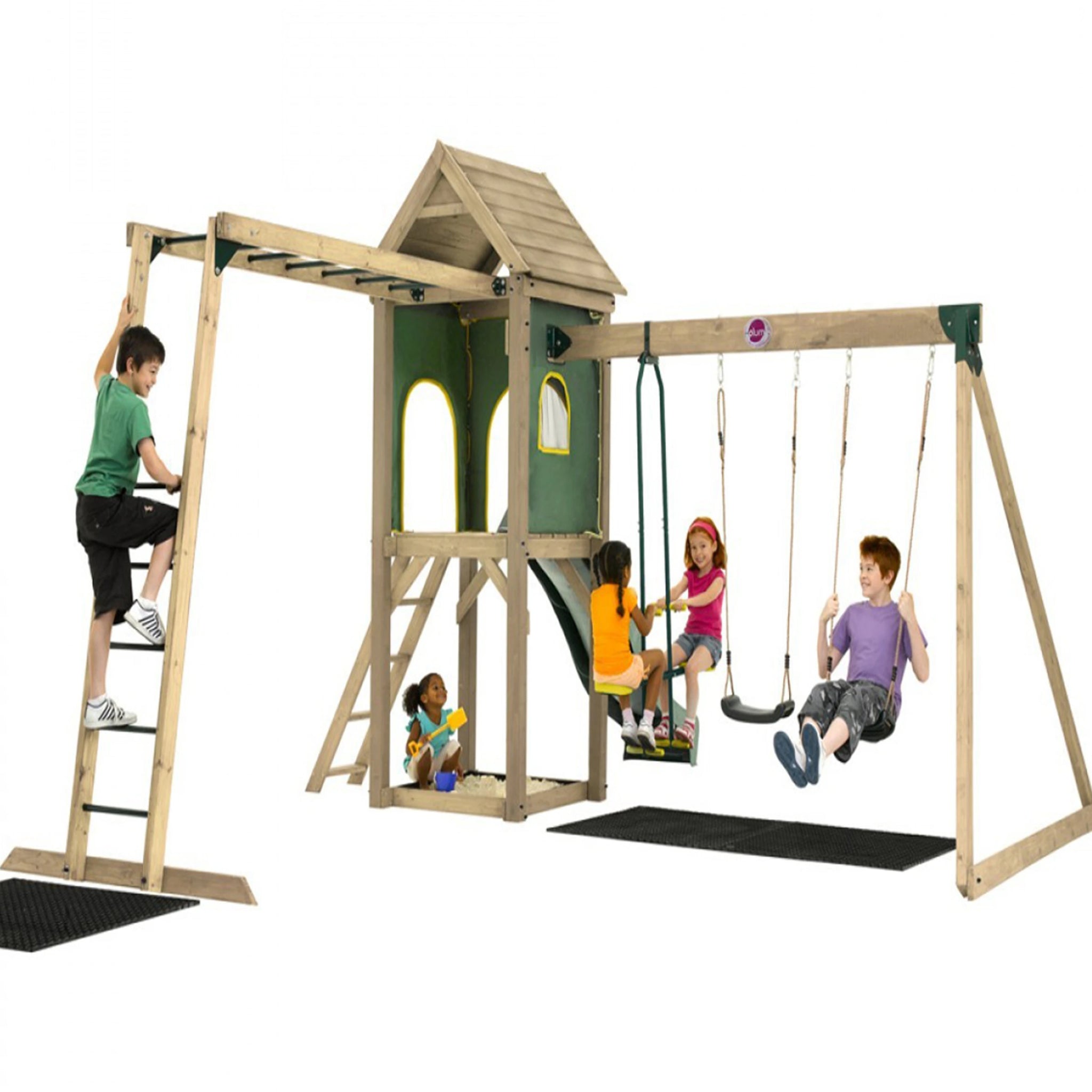 wooden climbing frame with swing