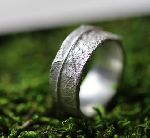 Bespoke Wedding wide men's band with organic texture from leaf/bark hand made by Cast & Found in the UK