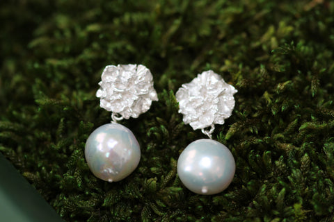 Pearl drop and horthorn flower earrings by Cats and Found