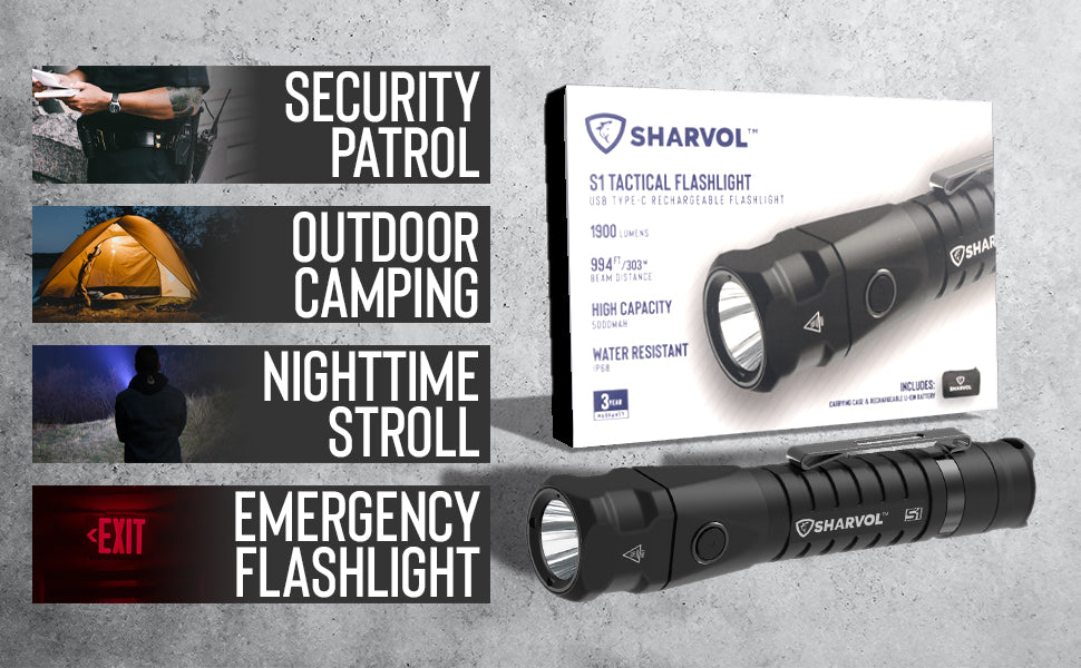 sharvol s1 tactical rechargeable flashlight for camping, outdoor, hunting, construction, emergency