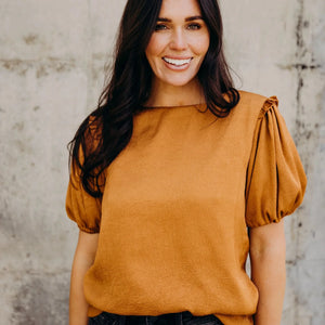 CRINKLE PUFF SLEEVE TOP IN HONEY - Beyond Blessed Boutique