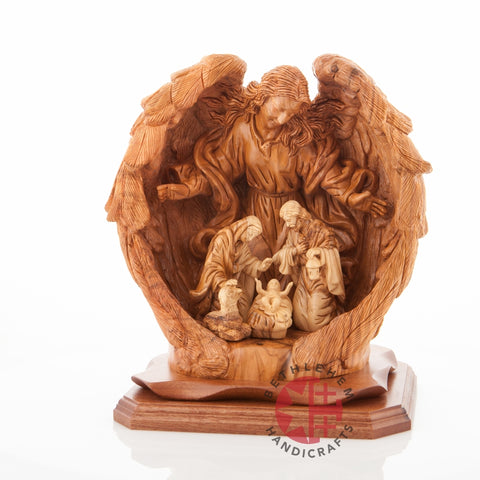 Olive Wood Guardian Angel with Holy Family Nativity Scene