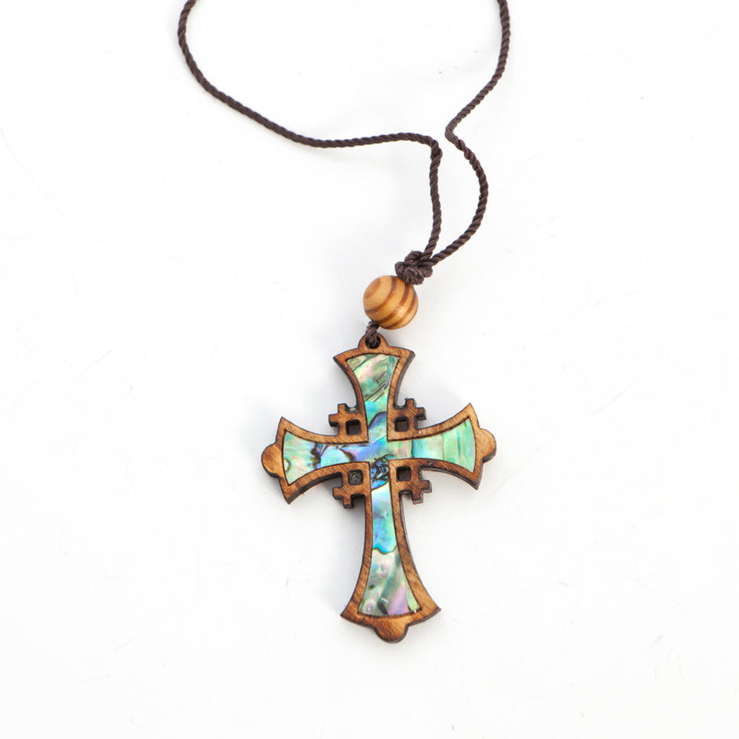 Mother of Pearl Jerusalem Cross Necklace with Bead – Bethlehem Handicrafts