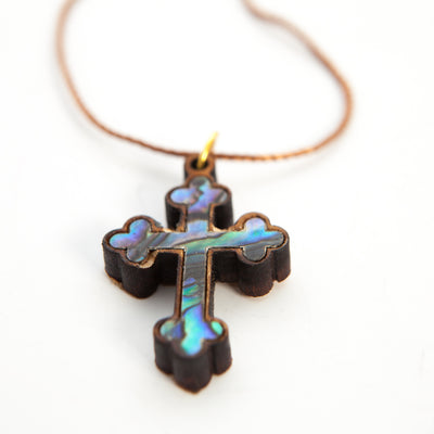 Olive Wood and White Mother of Pearl Cross Necklace