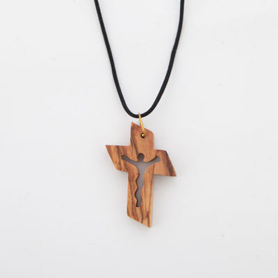 Olive Wood and White Mother of Pearl Cross Necklace