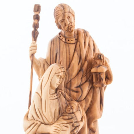 Carved Wooden Statue of The Holy Family Holding a Lamp with Base - Statuettes - Bethlehem Handicrafts