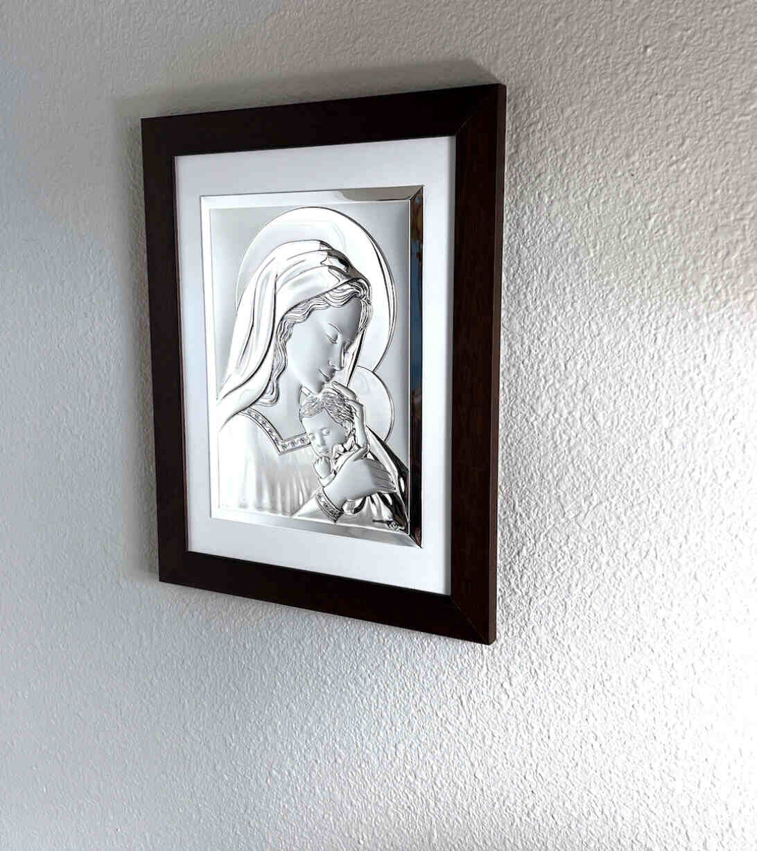 Virgin Mary Holding Holy Baby Jesus Christ Silver Plated Icon Wood
