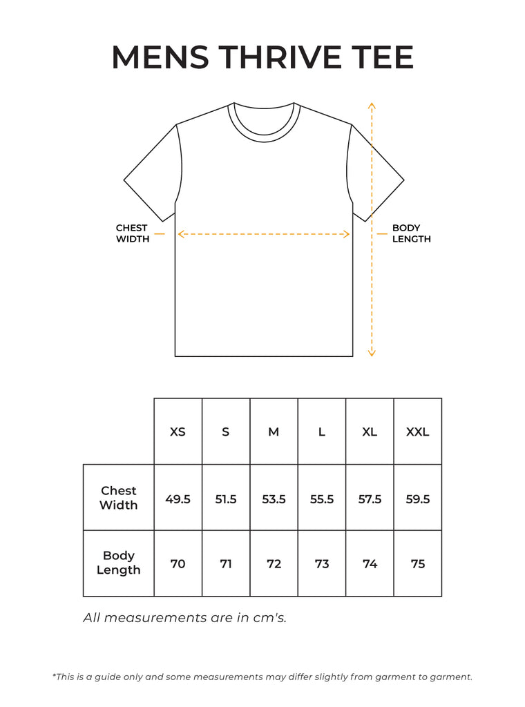 Mens Thrive Tee Size Guide