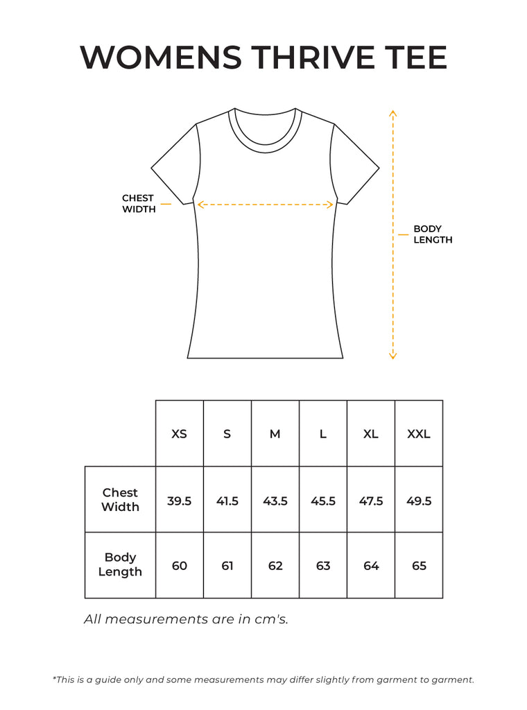 Womens Thrive Tee Size Guide