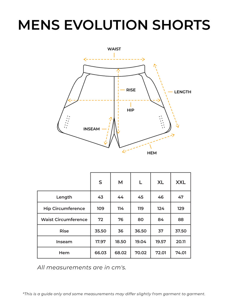 Mens Evolution Shorts Size Guide