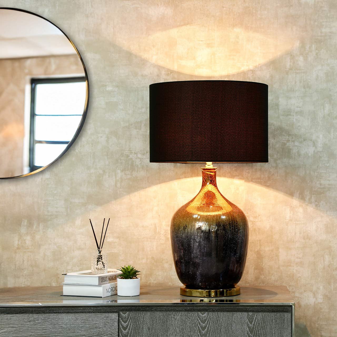 Gold and Black Glass Table Lamp with Black Linen Shade