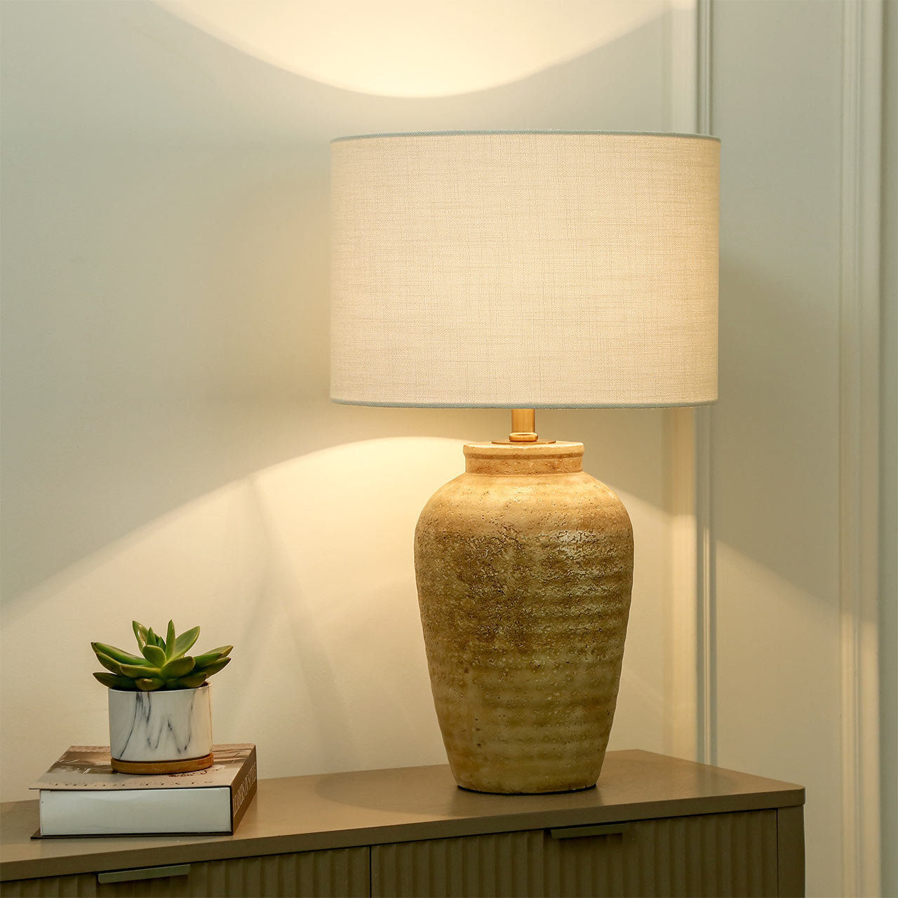 Travertine Polyresin Table Lamp with Cream Linen Shade