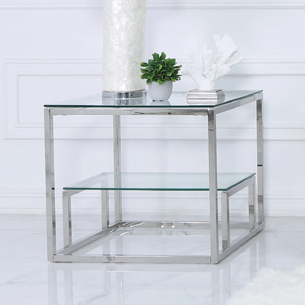 All glass shop end tables