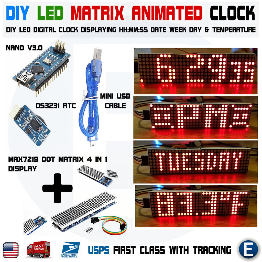 Arduino Digital Red Led Matrix Clock Nano Max7219 Date Temperature Ds3 Eelectronicparts 2871