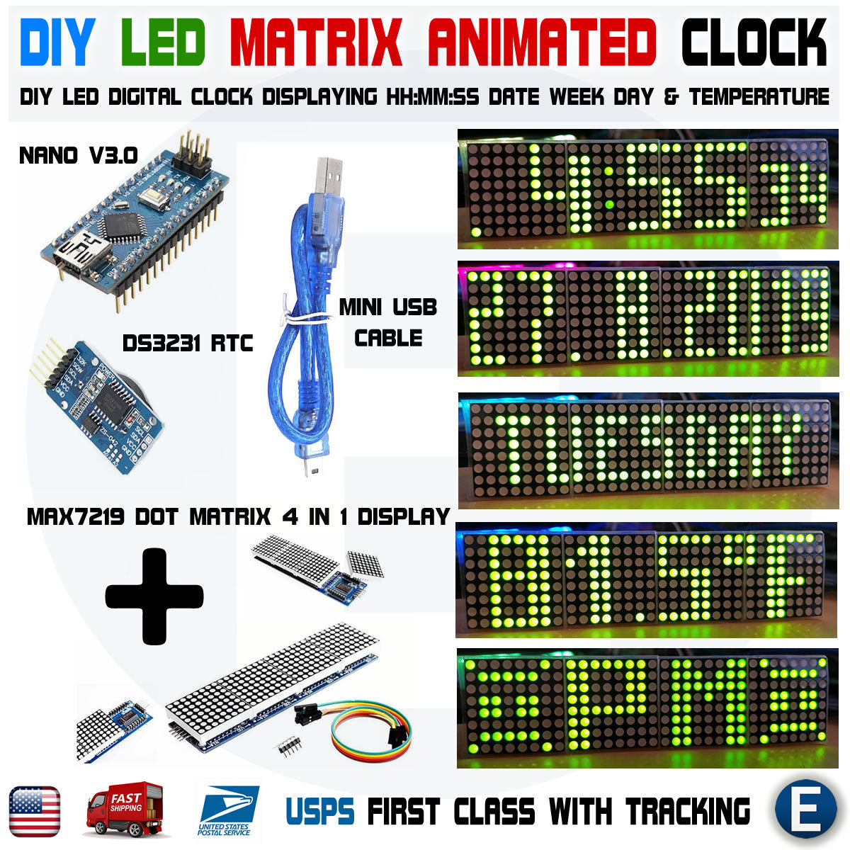 Arduino Digital LED Matrix Clock Nano MAX7219 Date Temperature DS3231 RTC DIY