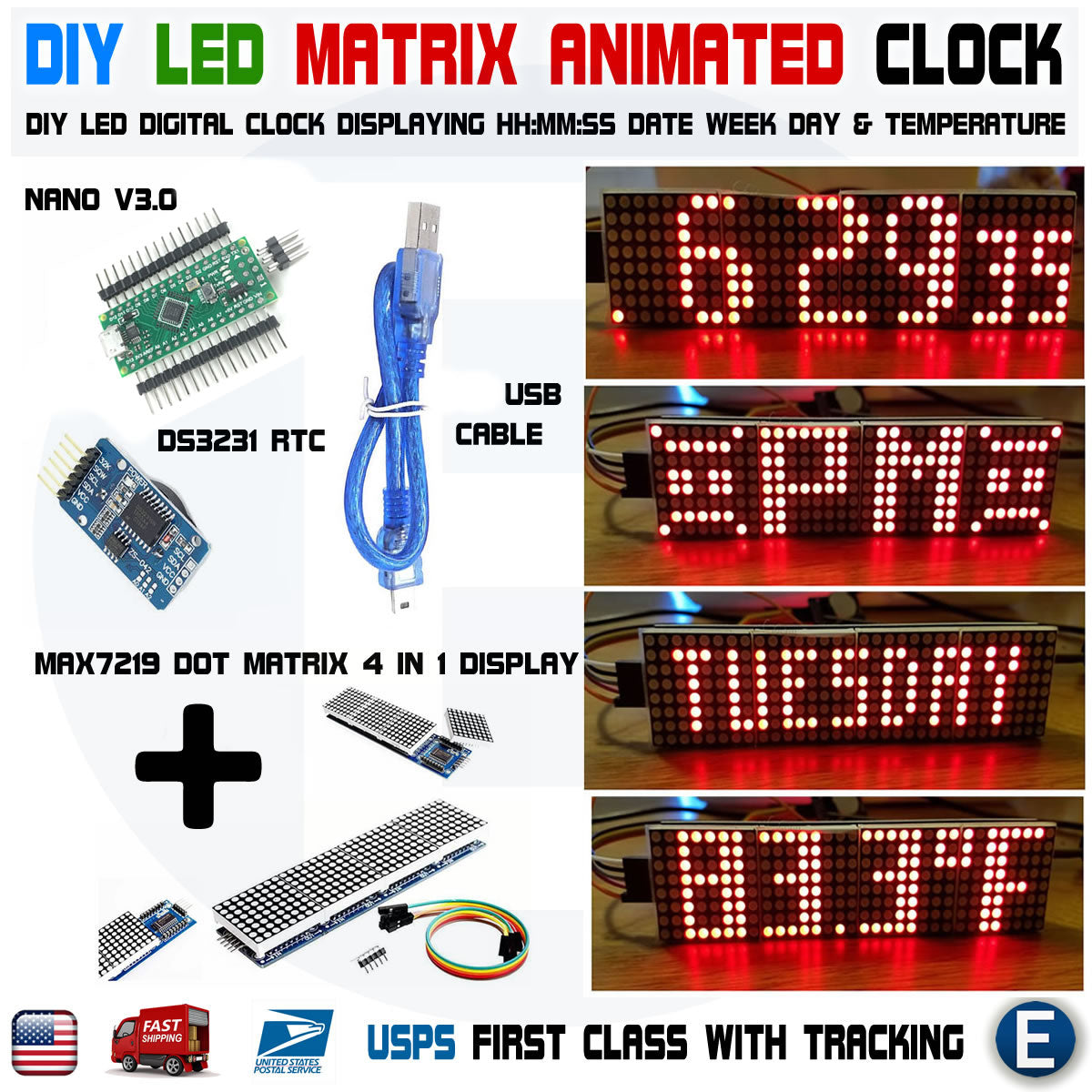 Arduino Digital LED Matrix Clock Nano MAX7219 Date Temperature DS3231 RTC DIY RED
