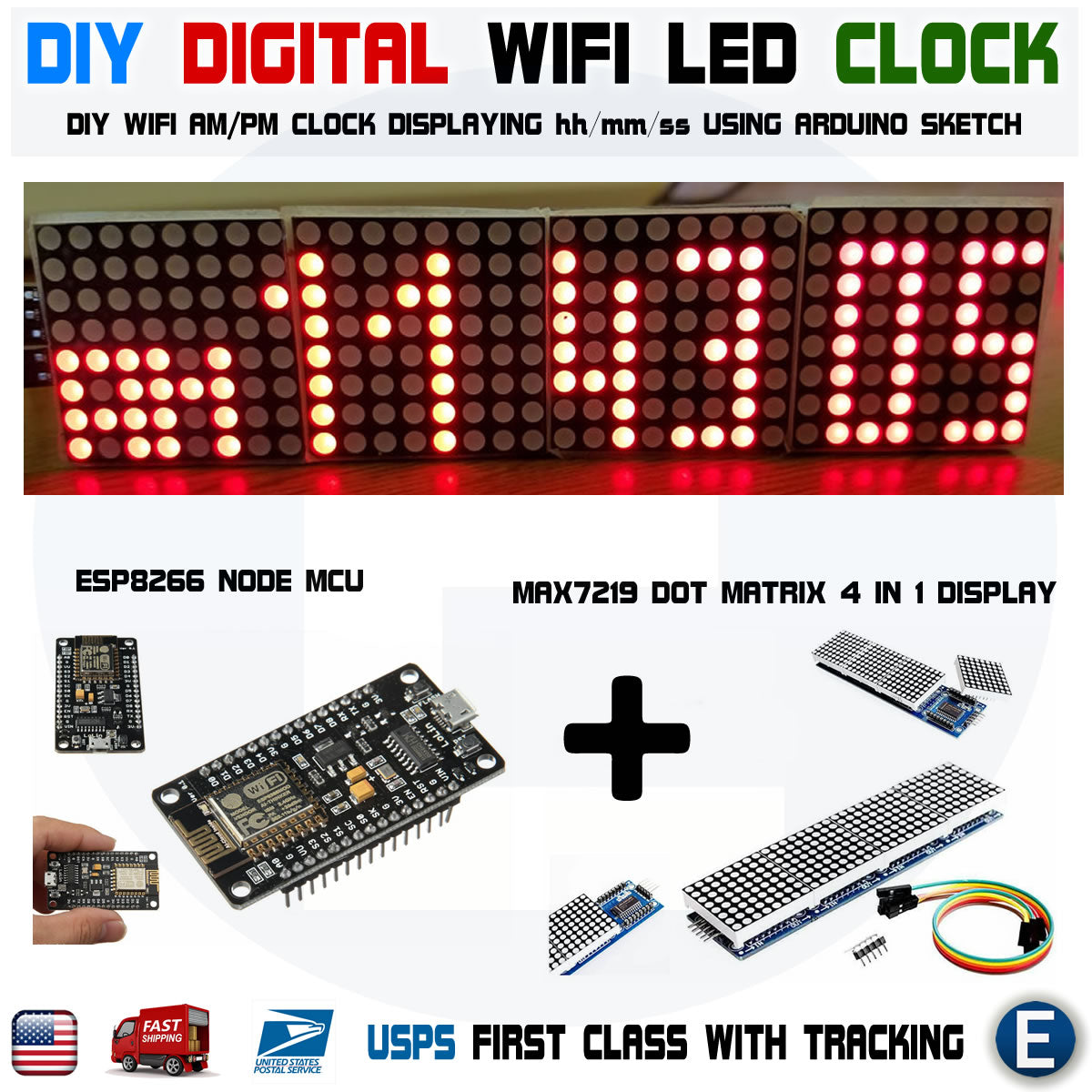 DIY Digital Arduino Clock WIFI RED LED Dot Matrix ESP8266 MAX7219